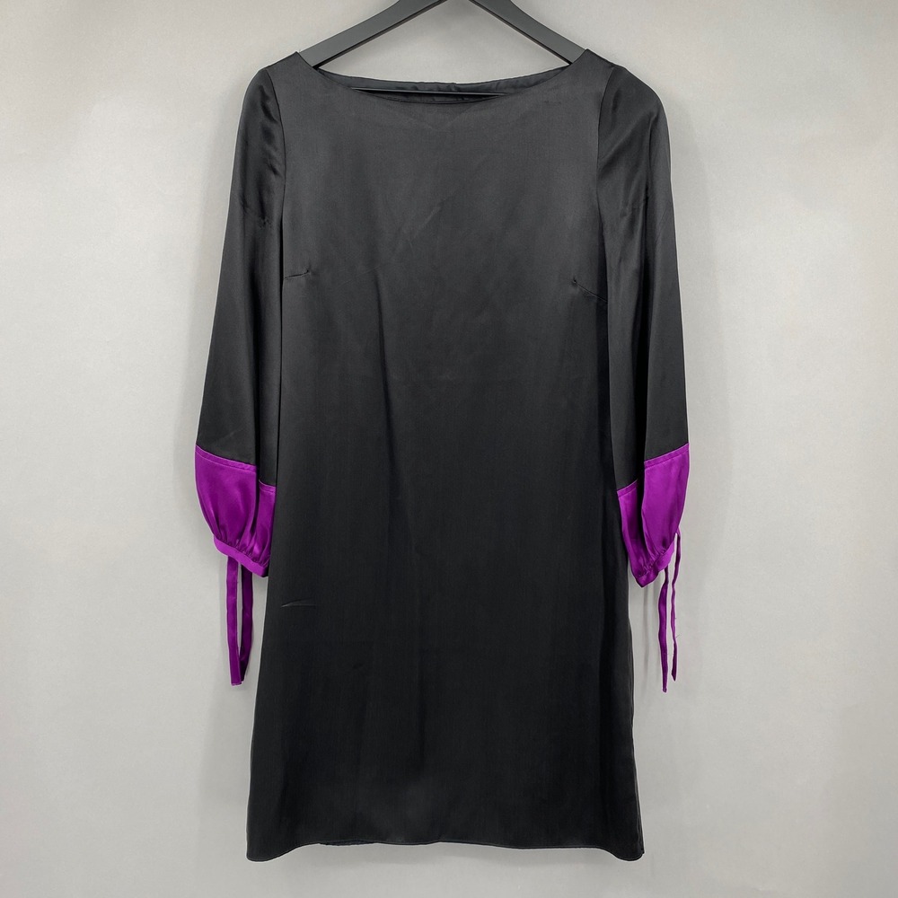 Kathryn Conover Satin Puff Sleeve Shift Dress Womens Size 8 Black Purple Mini